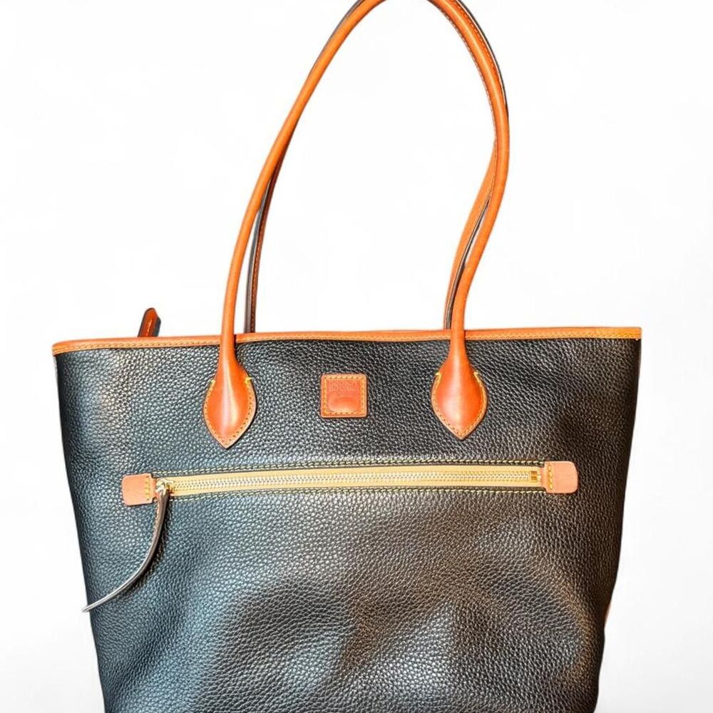 Dooney & Bourke Pebble Grain Shopper Tote Black Leather British Tan Large Purse
